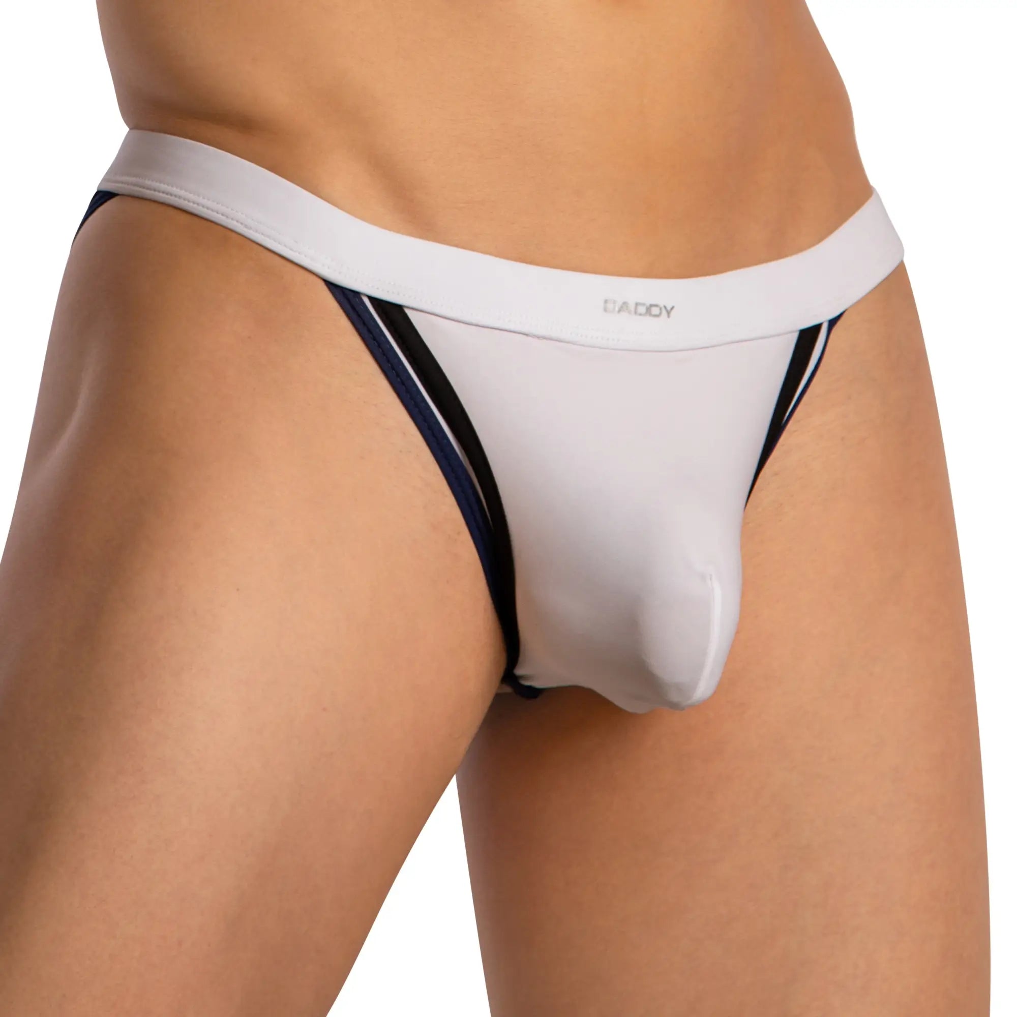 White daddy brand thong jockstrap with navy blue and white striped side panels for comfortable support