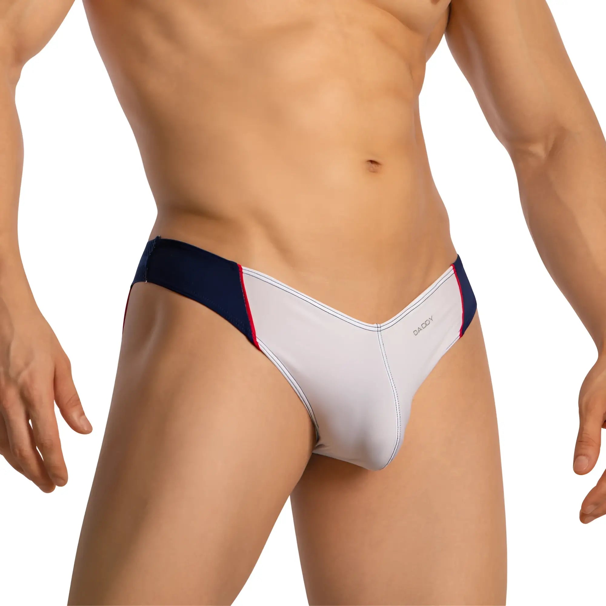 White and navy blue daddy dde063 jockstrap briefs with red trim and gadny embroidery featuring a sleek design