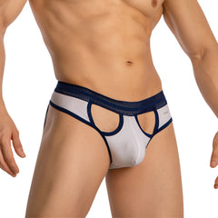 White and navy blue mesh briefs with cutout design in daddy dde064 jockstrap for supportive and breathable wear