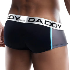 Black and gray daddy ddg003 boxer trunk underwear with white waistband bold black lettering and light blue seam accents
