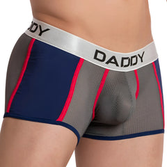 Navy and gray mesh daddy ddg007 boxer briefs with red trim and a silver waistband featuring black lettering