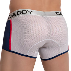 White mesh daddy ddg007 boxer briefs with navy side panels red stripe and silver waistband branding