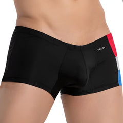 Black daddy brand briefs with bold red white and blue striped side panel daddy ddg013 boxer trunk design