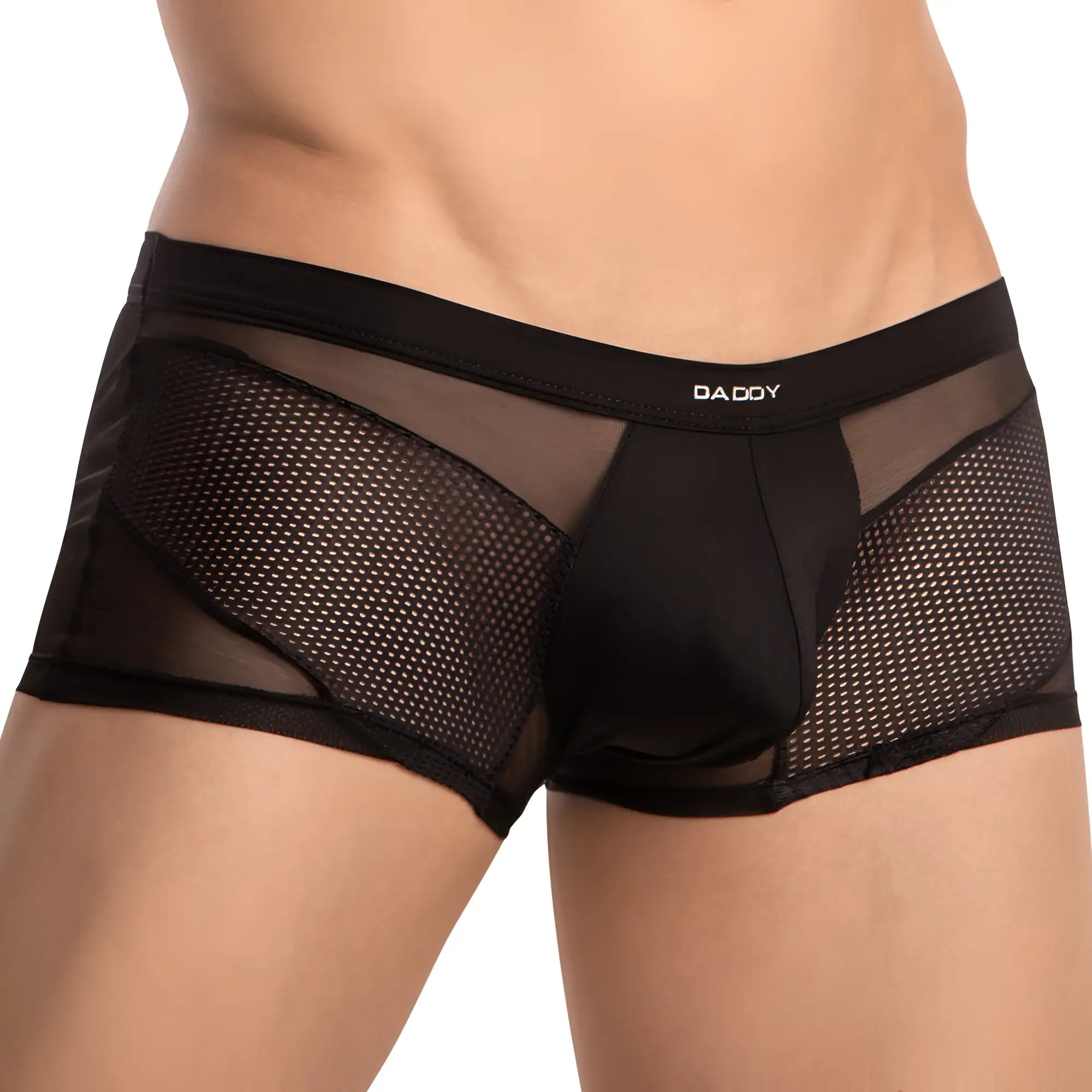 Black mesh Daddy DDG017 boxer trunk briefs with a solid black waistband featuring the daddy brand name