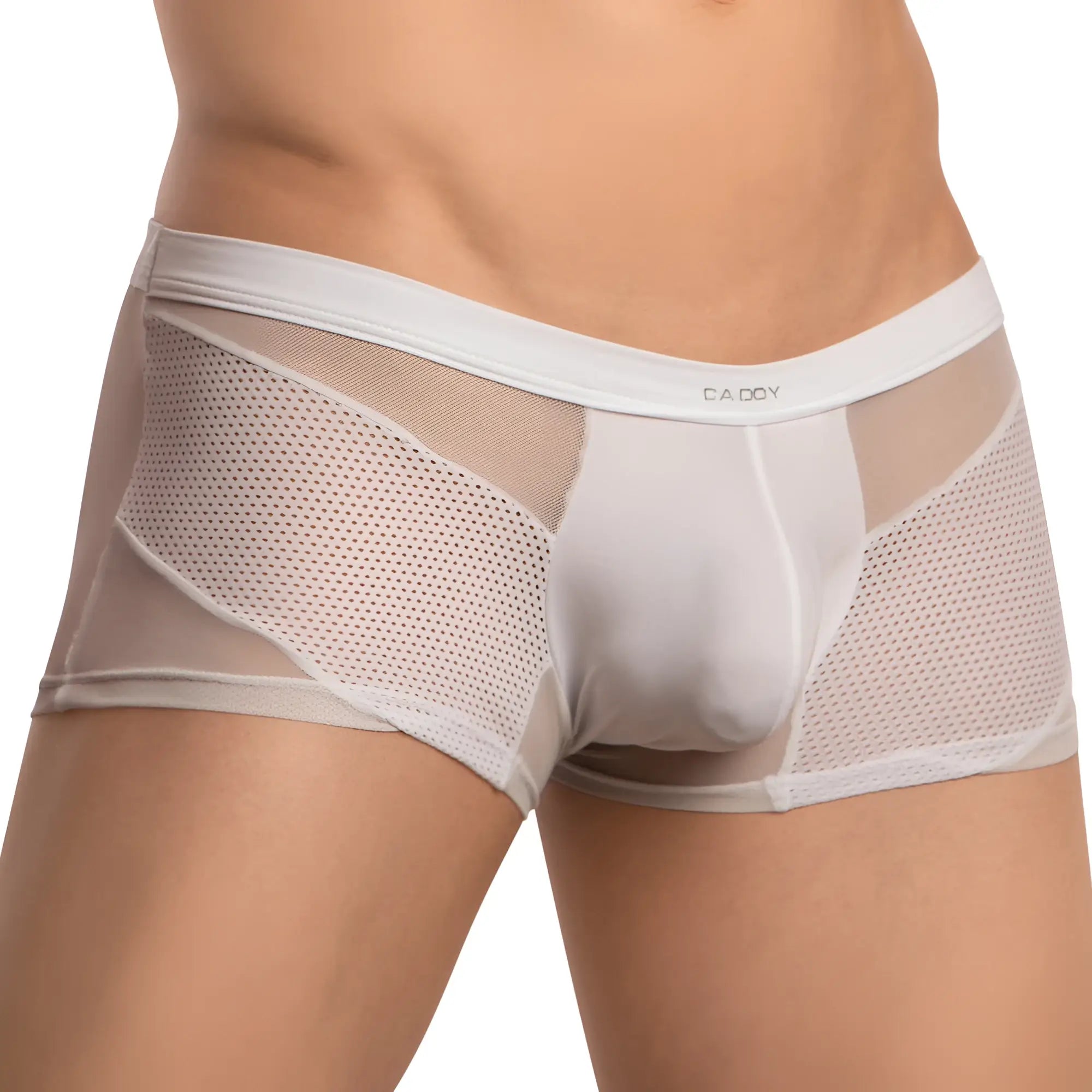 White mesh briefs with a solid white waistband featuring the caddy brand name from daddy ddg017 boxer trunk