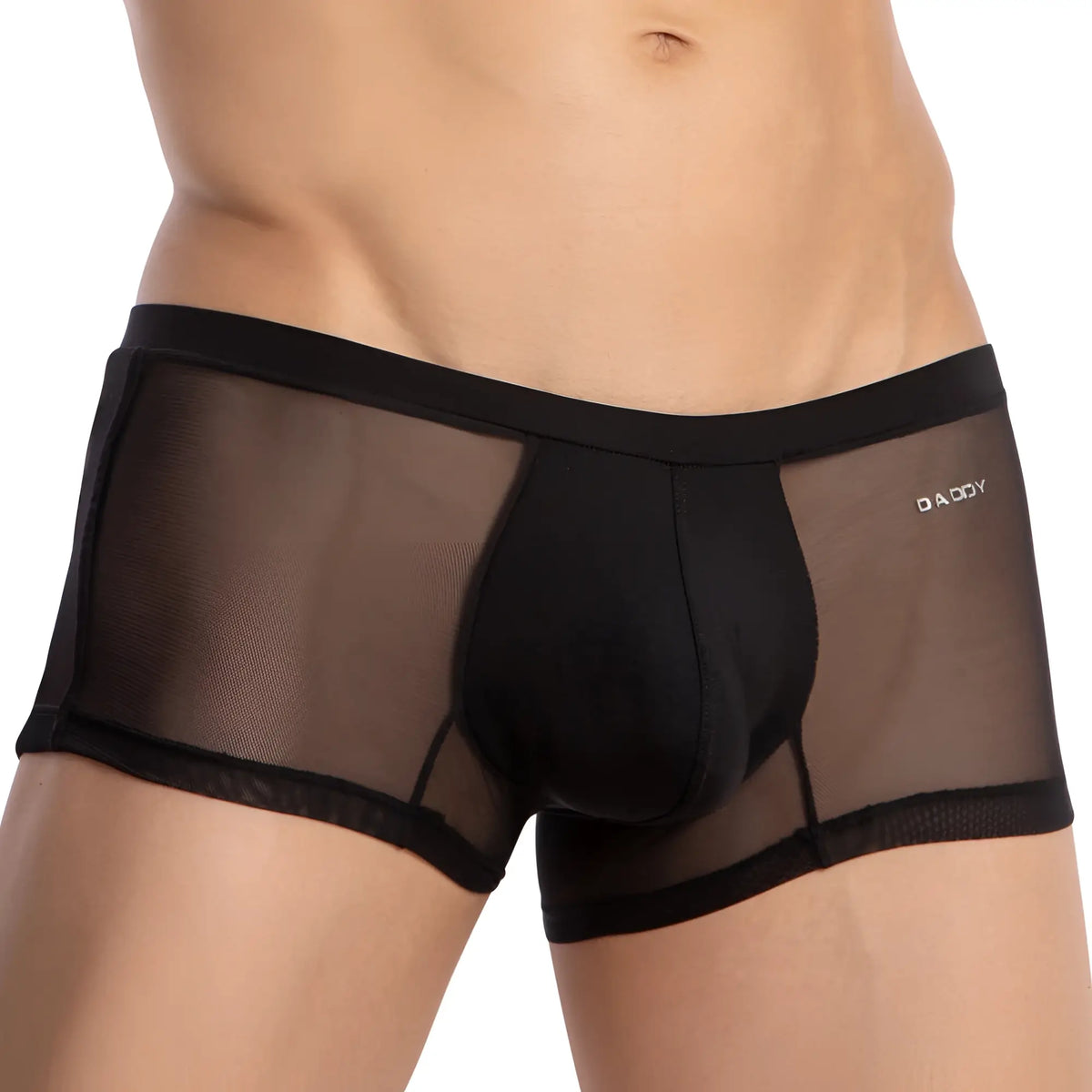 Black mesh daddy ddg019 boxer trunk briefs with solid front panel and elastic waistband featuring daddy logo