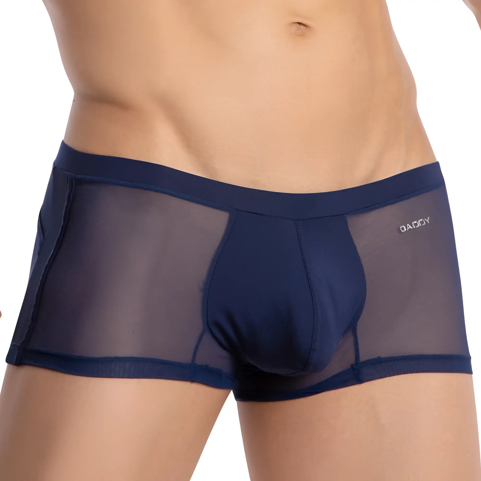 Navy blue daddy ddg019 boxer trunk sheer mesh briefs with solid fabric pouch and waistband front view