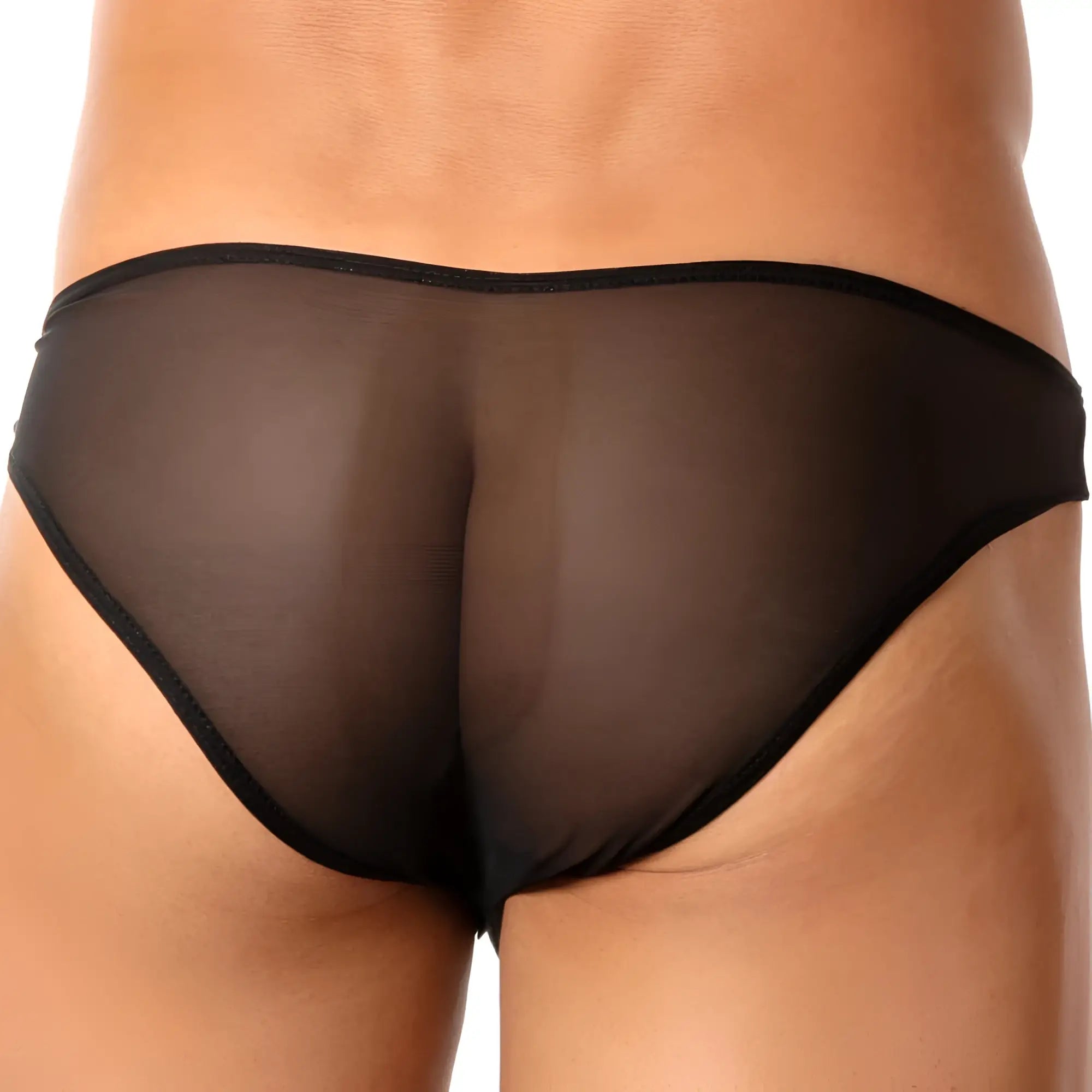 Black sheer mesh daddy ddi010 bikini brief with solid black elastic waistband front view