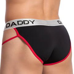 Black daddy brand briefs daddy ddj020 with red trim and gray waistband featuring daddy logo in black