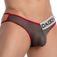 Gray mesh daddy ddj029 briefs with red trim and a white waistband featuring black lettering visible from the front