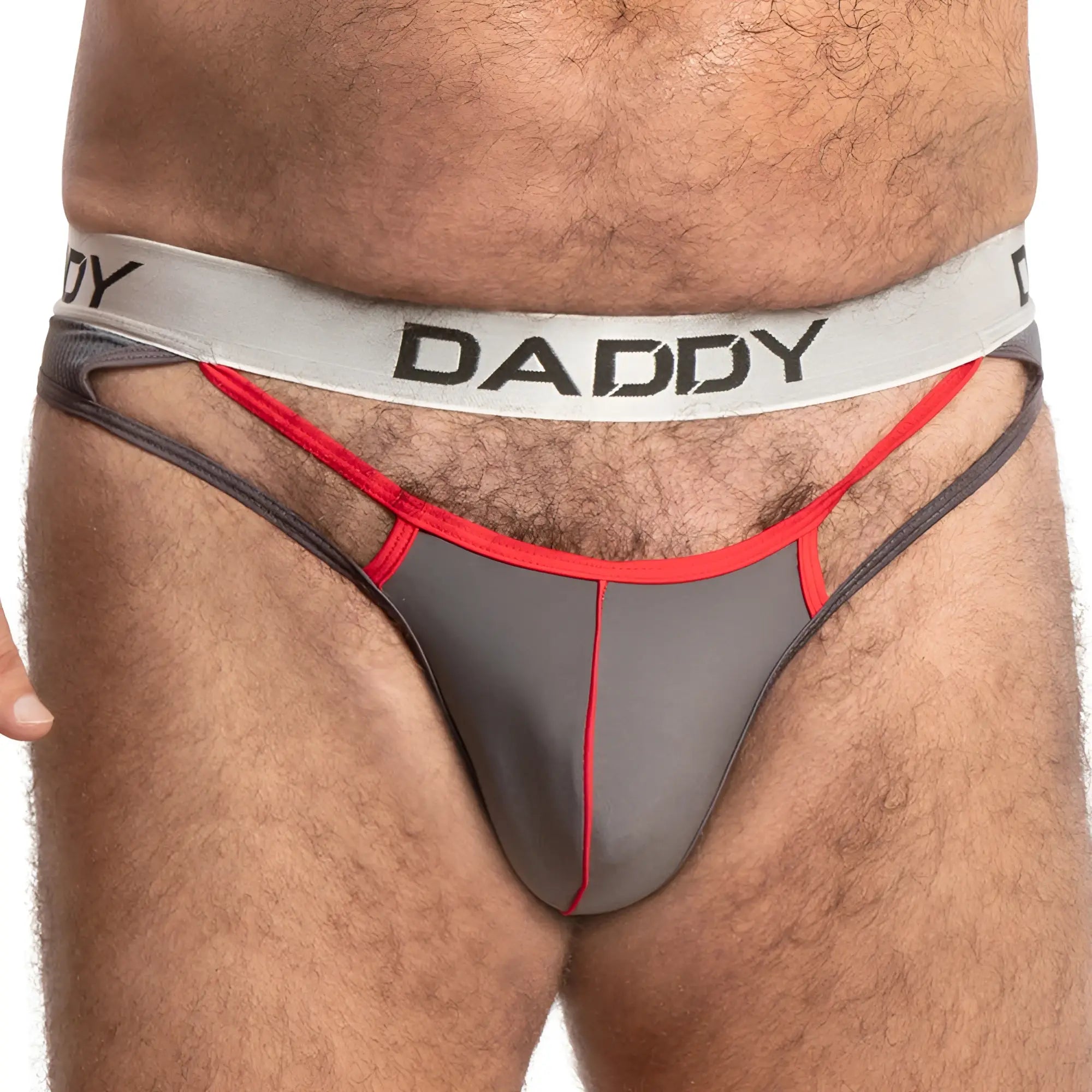 Daddy DDK036 thong in gray and red with a white waistband featuring black lettering from Daddy brand