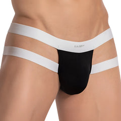 Black and white daddy DDK042 thong briefs with three horizontal elastic straps showing the back side