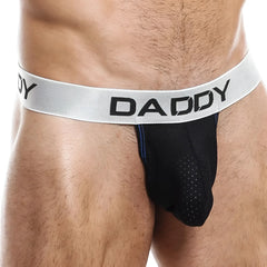 Black daddy brand daddy ddl005 g-string jockstrap with silver waistband and bold black lettering front view