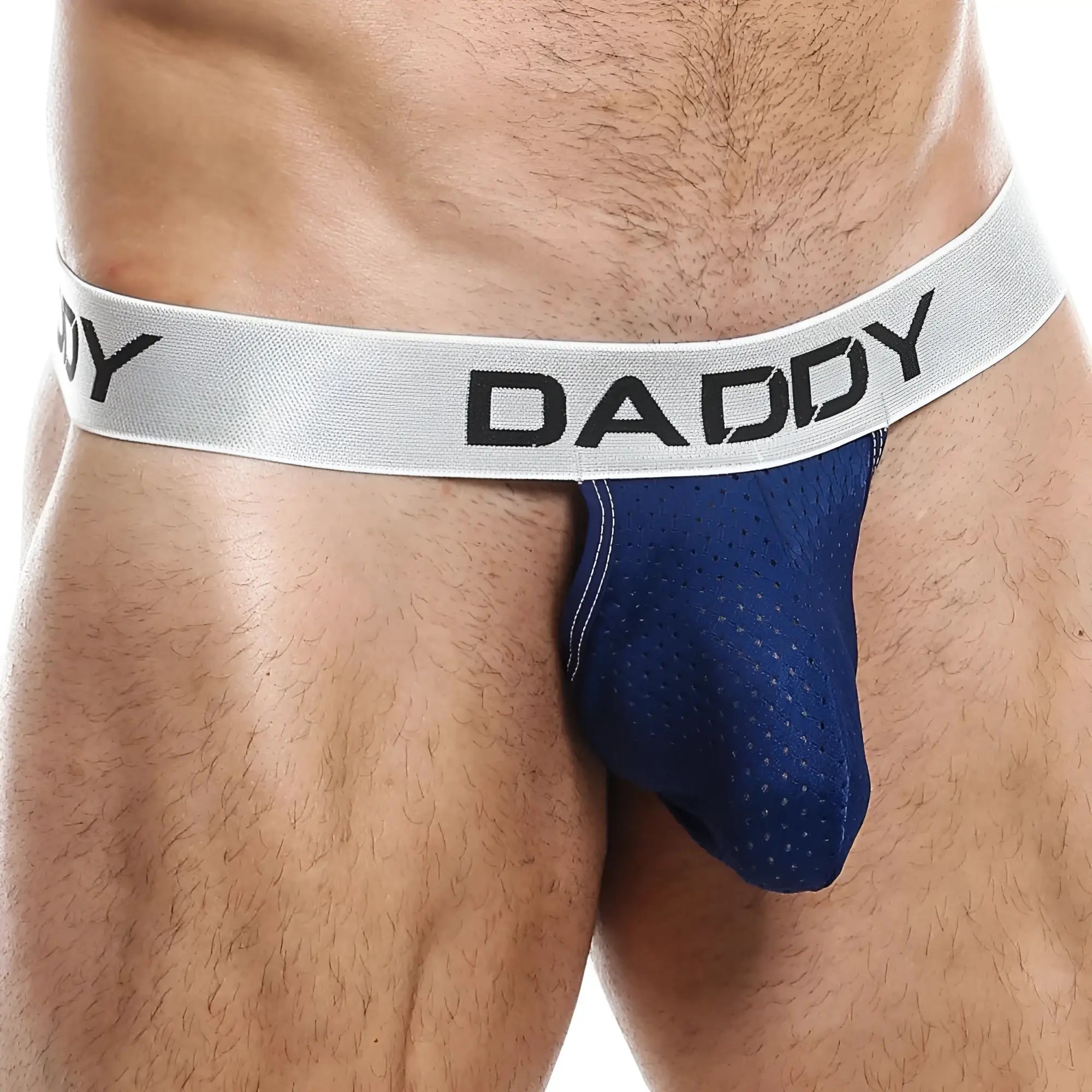 Blue mesh menâ€™s jockstrap with silver waistband featuring daddy in black lettering from daddy ddl005 g-string collection