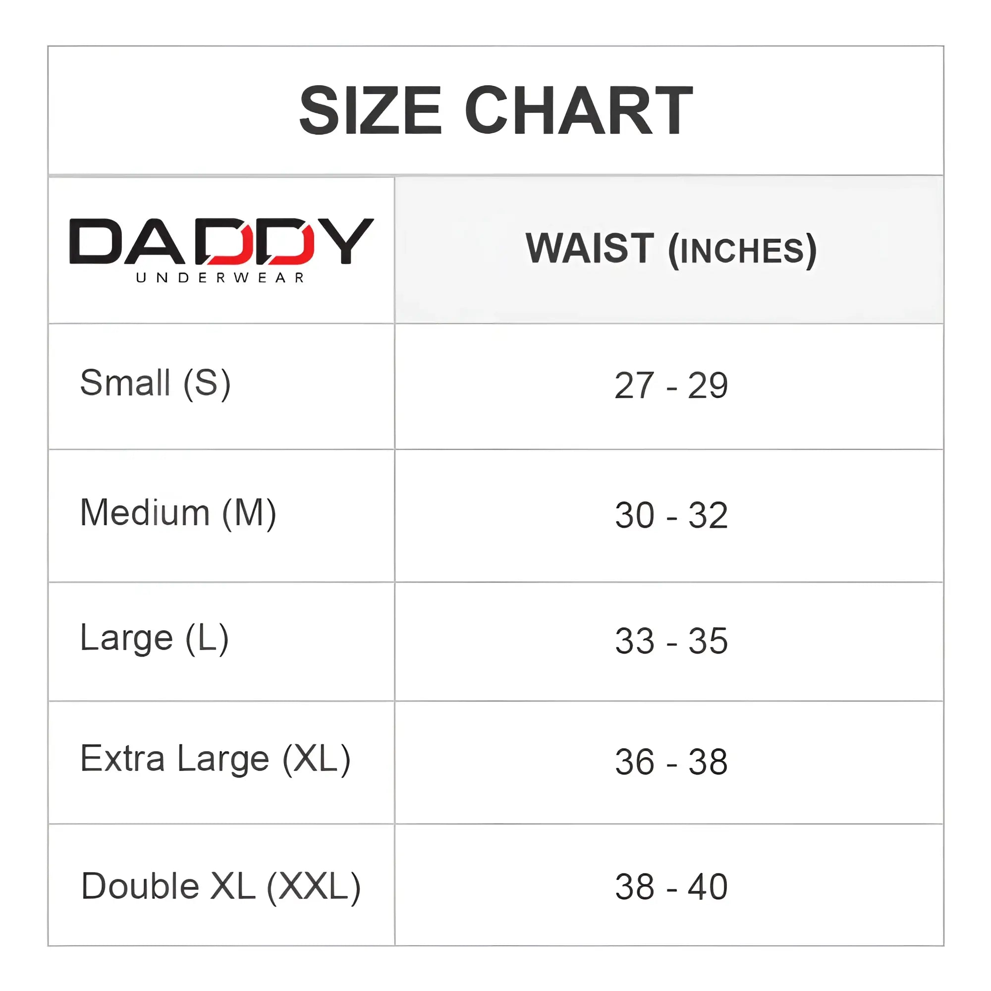 Daddy ddl008 g-string underwear size chart showing waist measurements for small to double xl sizes