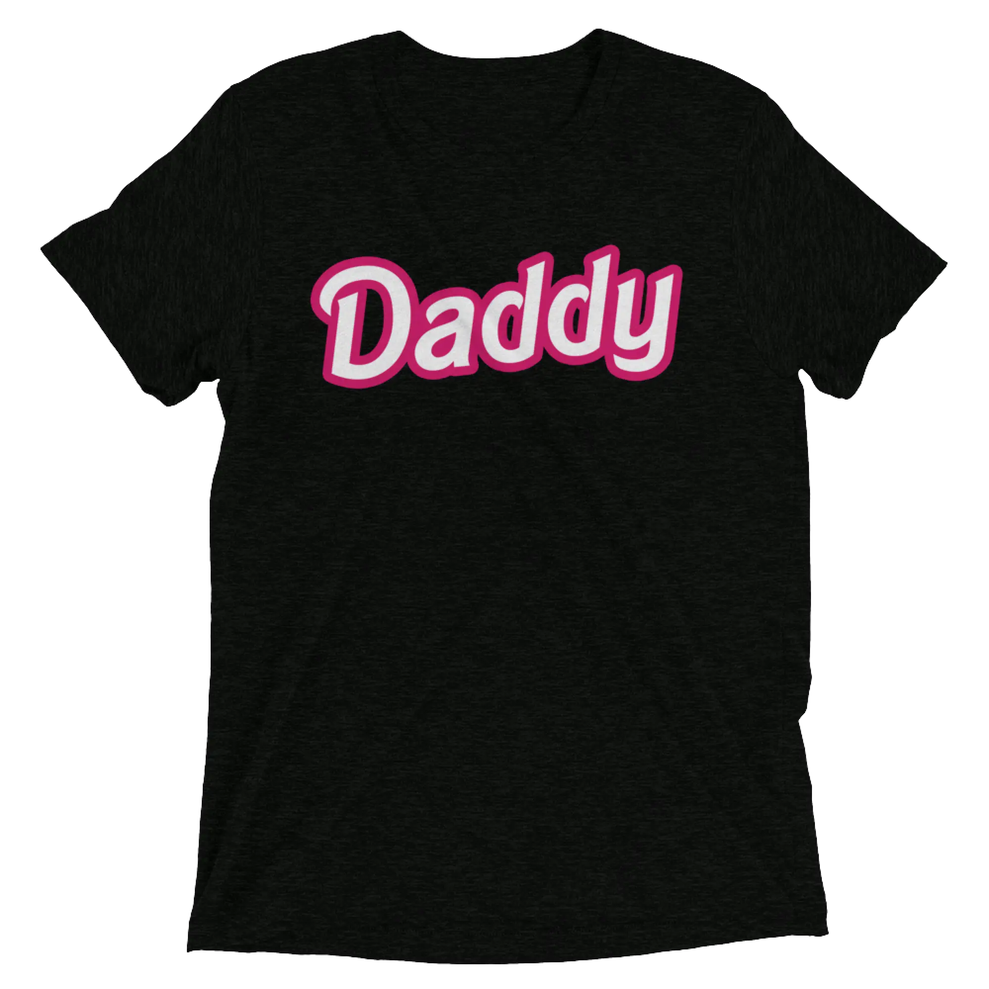 Black short-sleeved cotton t-shirt with bold pink and white daddy lettering across the chest from daddy doll collection