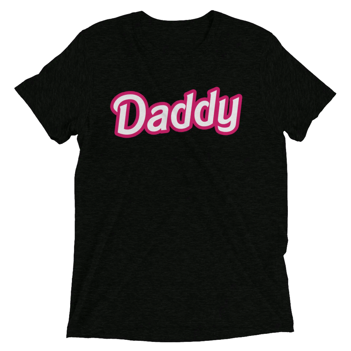 Black short-sleeved cotton t-shirt with bold pink and white daddy lettering across the chest from daddy doll collection