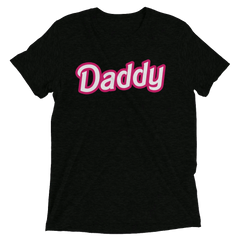 Black short-sleeved cotton t-shirt with bold pink and white daddy lettering across the chest from daddy doll collection