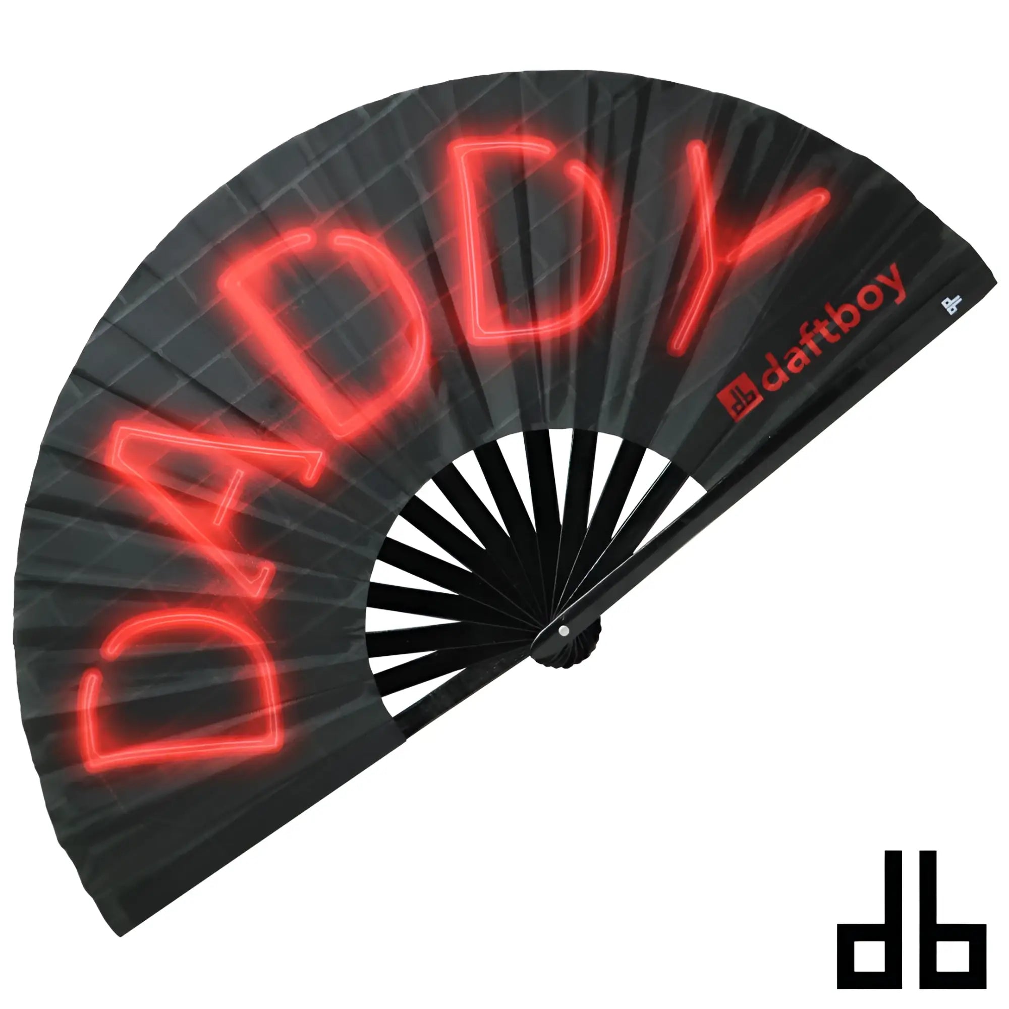 Black folding fan with glowing red neon daddy lettering and small red dartboy logo daft boy fan lit daddy model