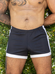 Little boy blue design dan shorts black navy blue mesh athletic shorts with white side stripes and white hem trim