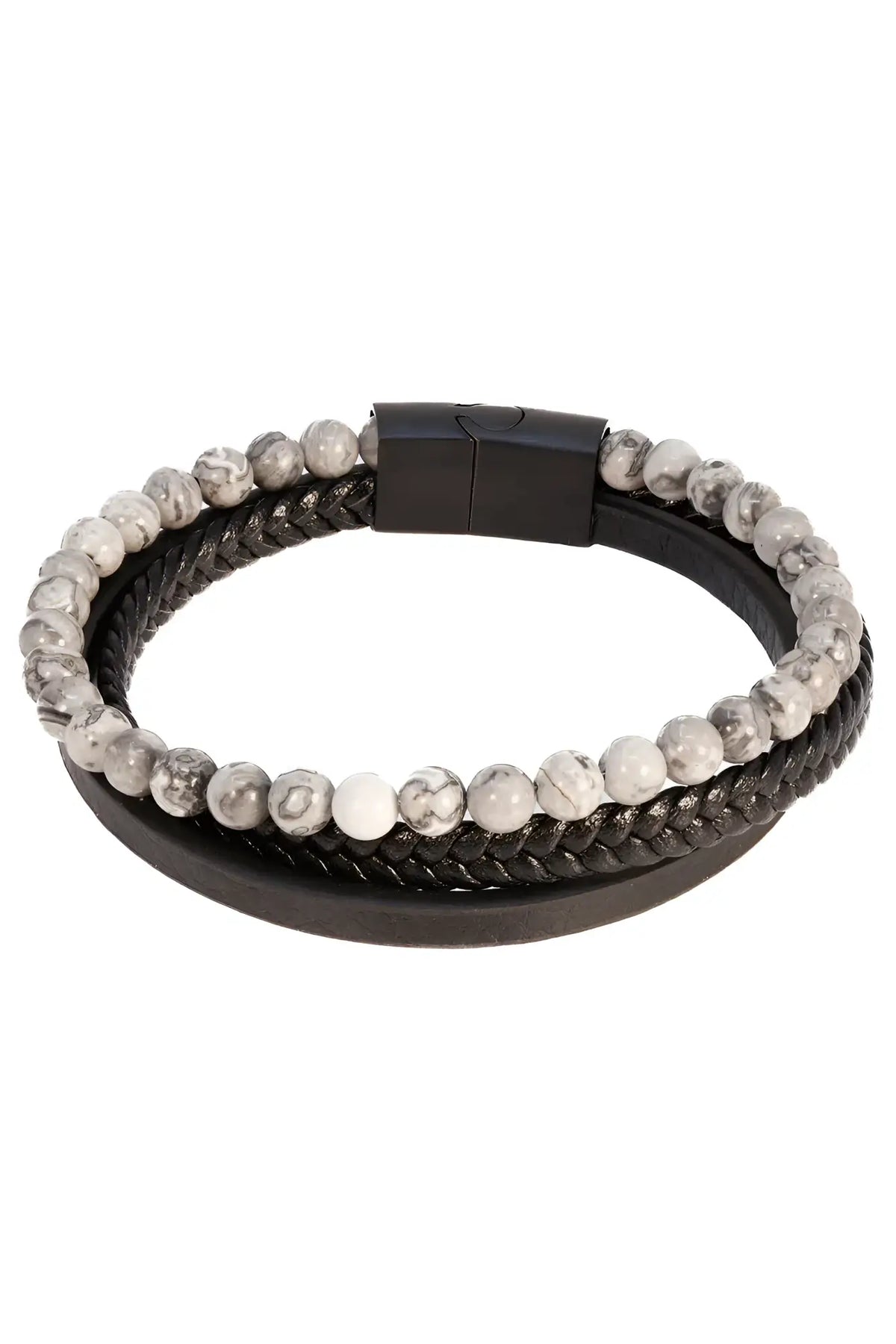 Dandyish fancy bracelet featuring a black braided leather band with magnetic clasp and gray marbled stone beads