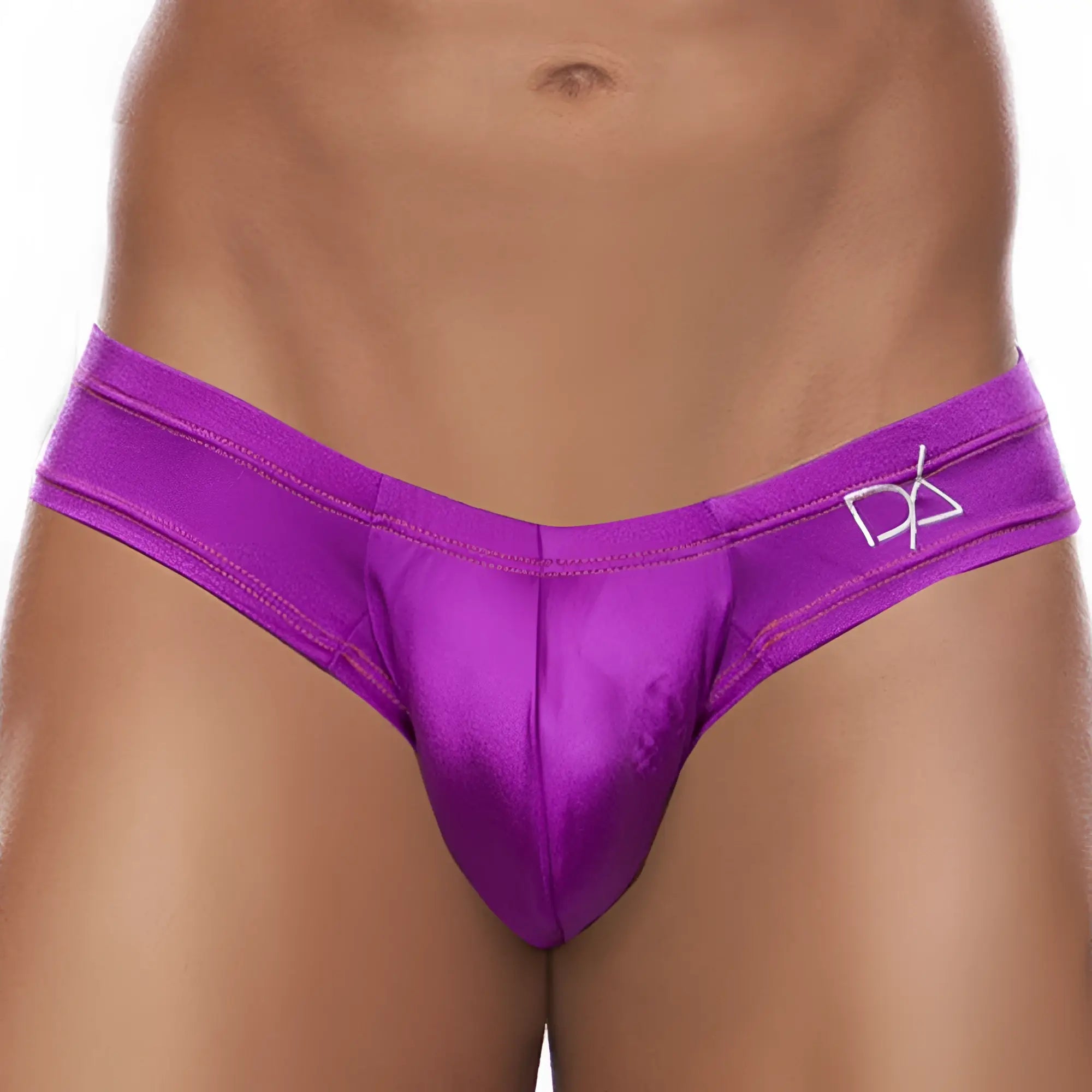 Daniel alexander da515 thong vibrant purple satin with subtle sheen and white embroidered logo on waistband