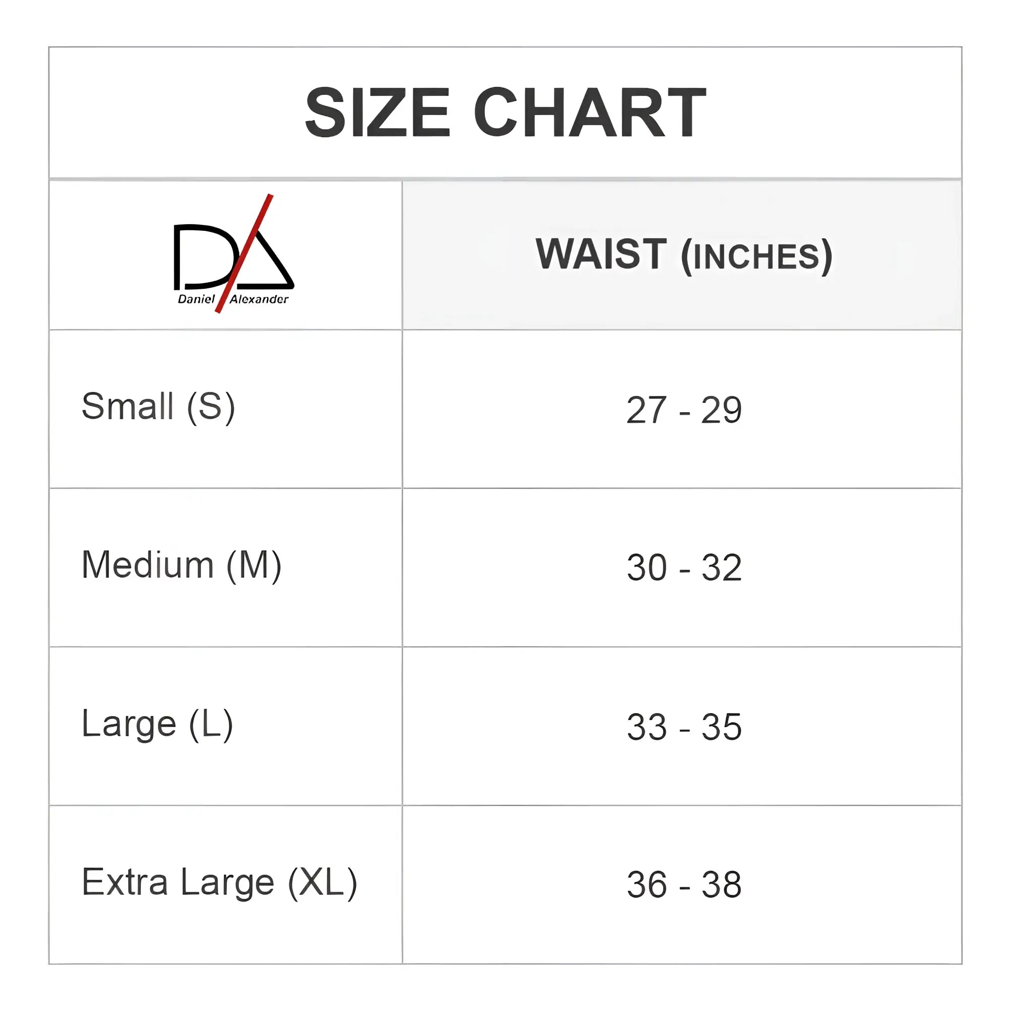 Daniel alexander da800 g-string size chart showing waist measurements in inches for accurate fit guidance