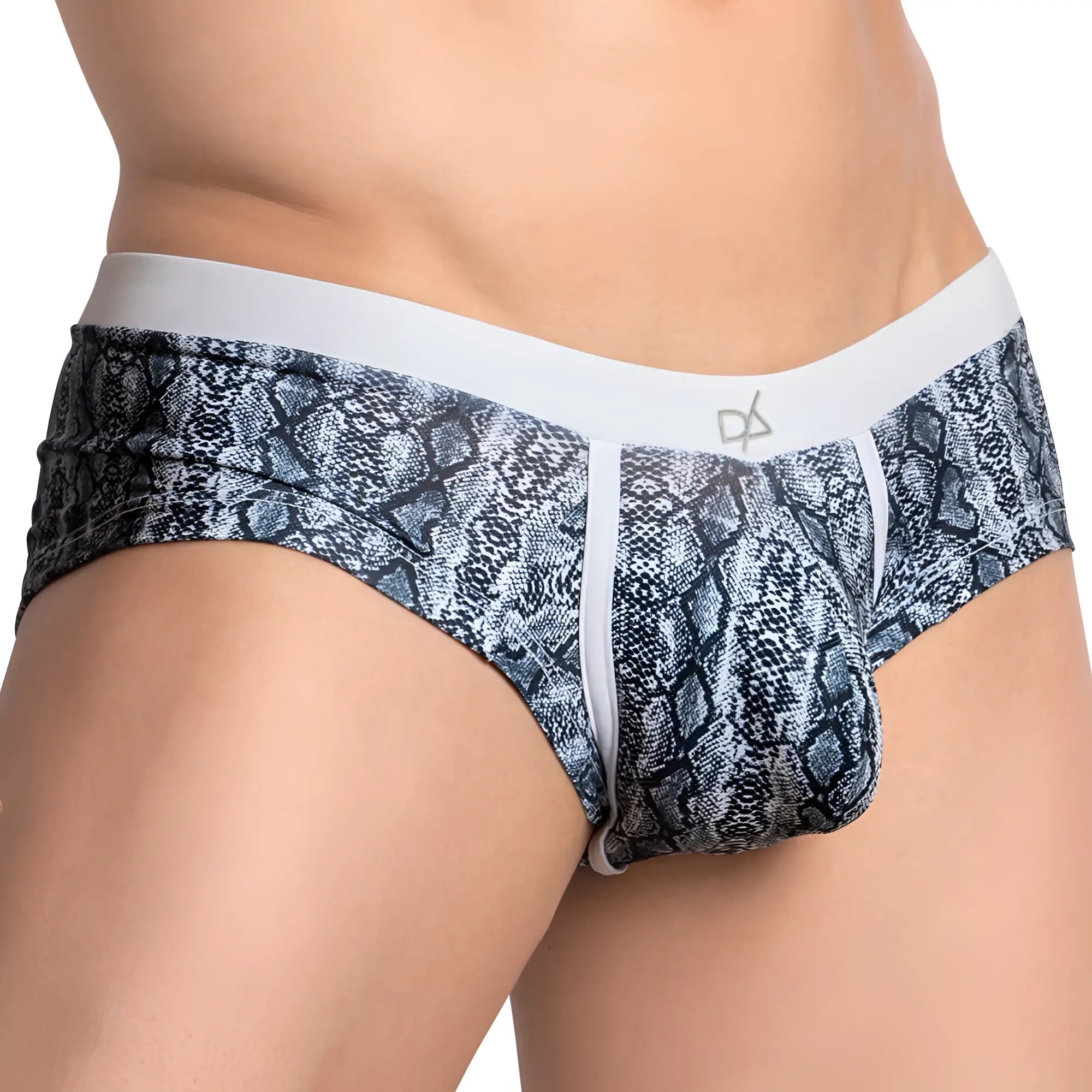 Daniel Alexander DAG010 brief in gray and black snake-scale pattern with white elastic waistband for men