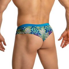 Daniel Alexander DAG014 boxer brief with vibrant multicolored leopard print and solid blue waistband swim trunks style