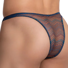 Daniel alexander dai082 bikini brief sheer mesh thong with blue and brown geometric pattern front view