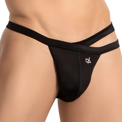 Black sleek form-fitting thong bikini brief by Daniel Alexander with distinctive double strap waistband design