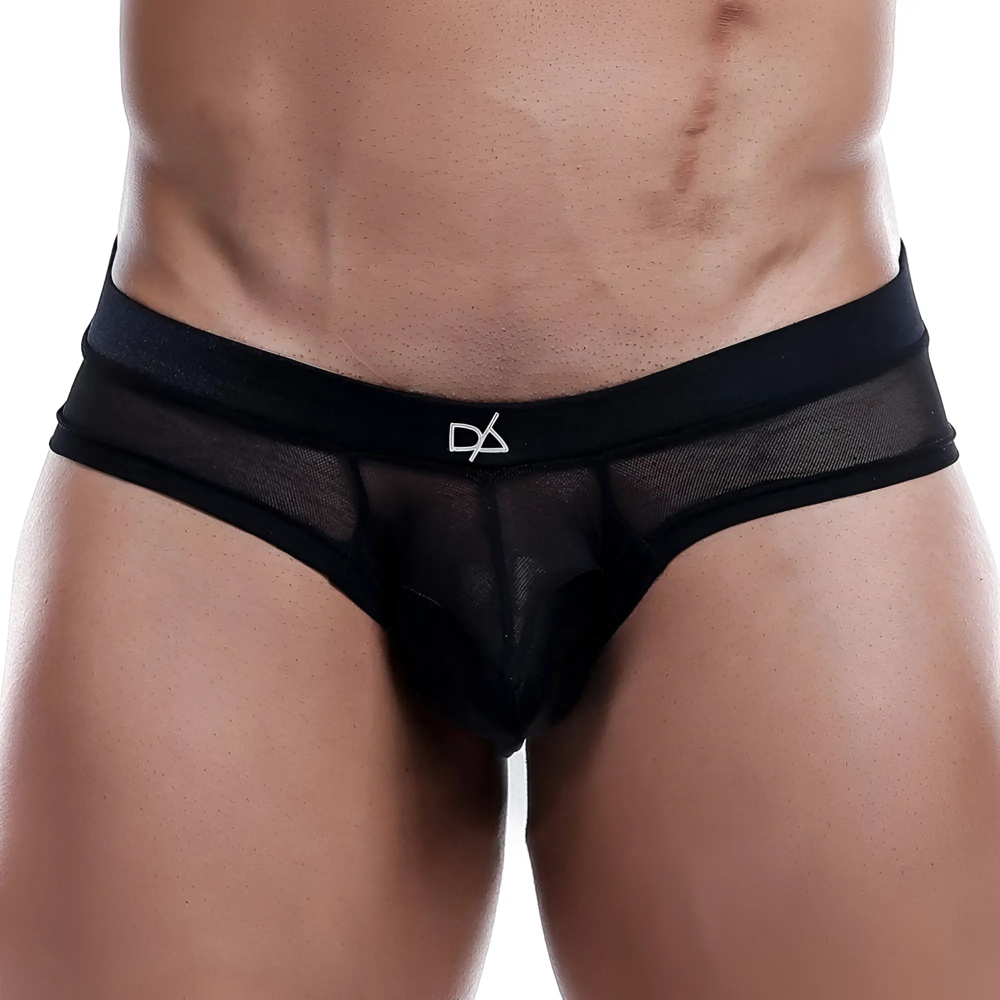 Daniel Alexander DAK027 black mesh thong with solid black waistband featuring white logo front view