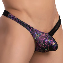 Daniel alexander dak057 thong in purple and black neon pattern with mesh side panels shown from the back side
