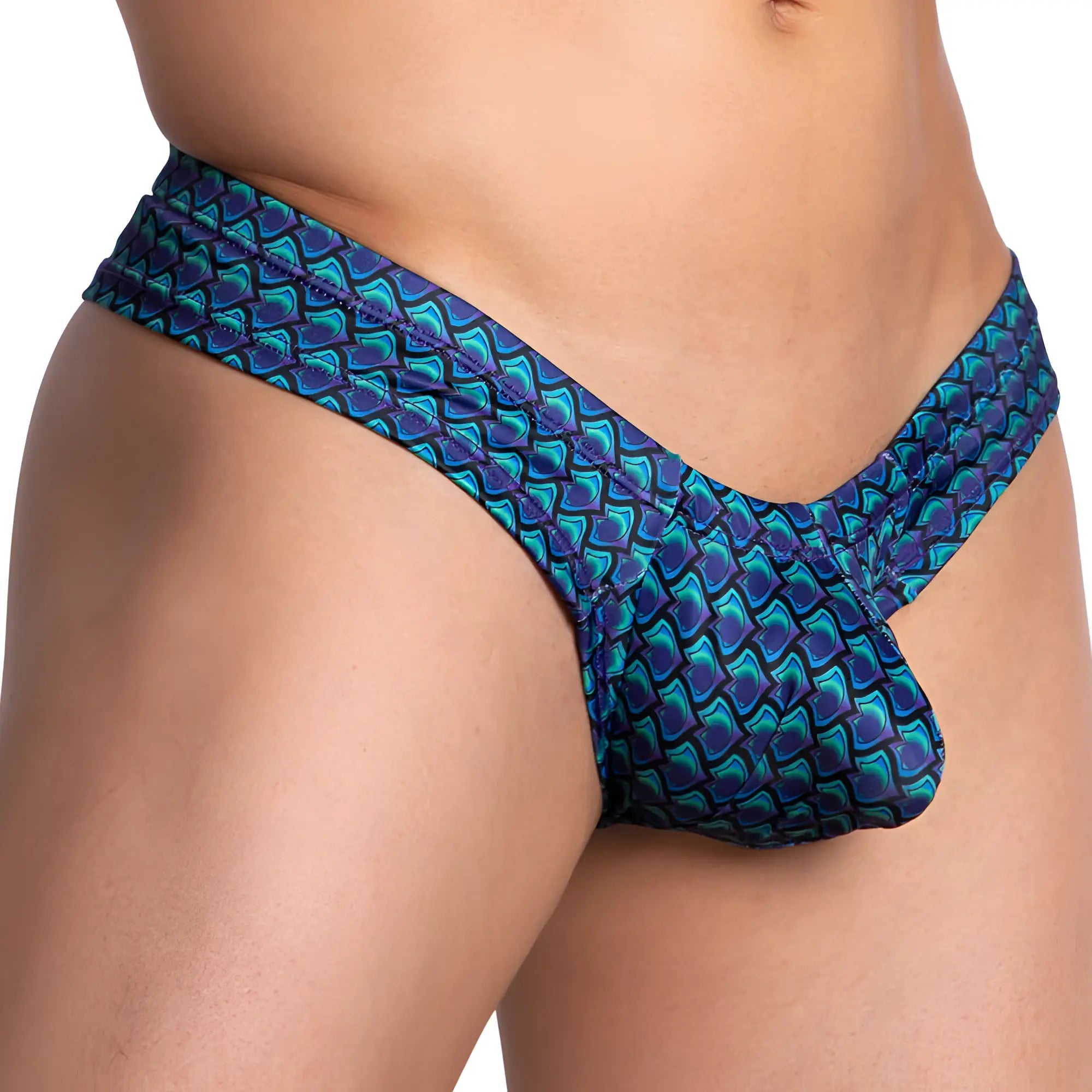 Blue and teal scale-patterned Daniel Alexander DAK065 thong swim trunks designed for comfortable swimwear use