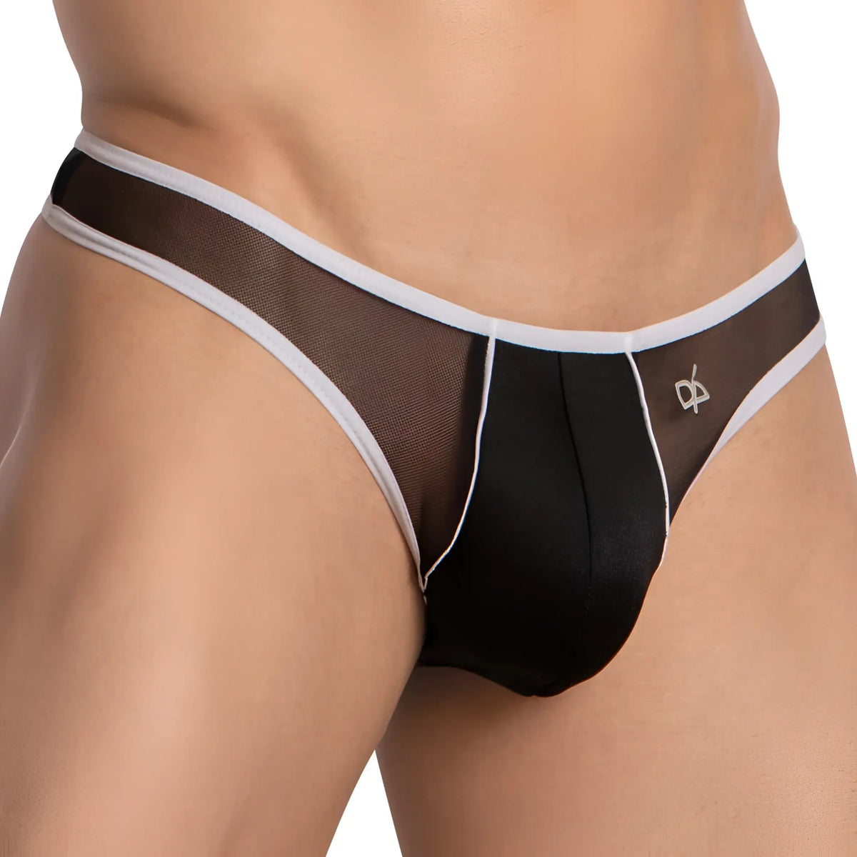 Daniel Alexander DAK073 thong black mesh and solid fabric briefs with white trim and subtle silver logo on side