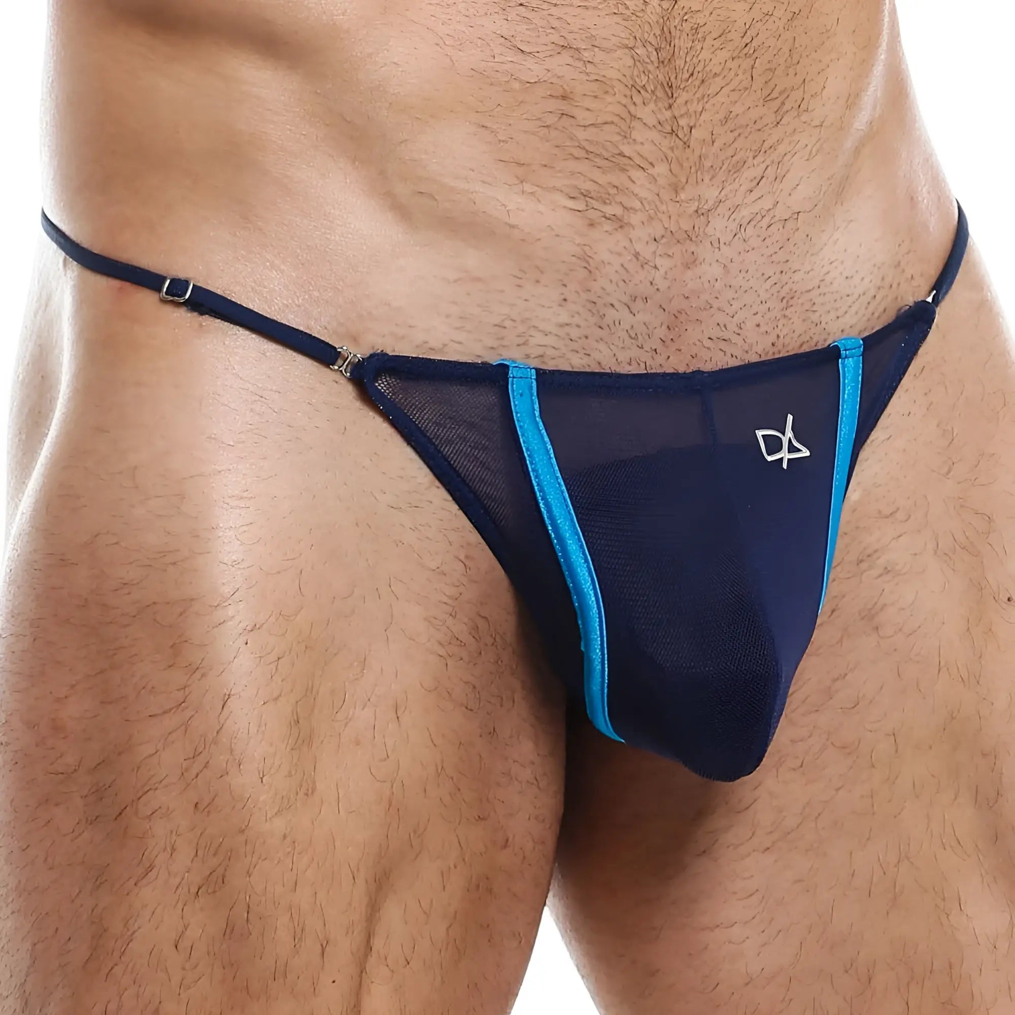 Navy blue mesh thong with bright blue trim and silver daniel alexander logo dal029 g-string front view