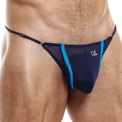Navy blue mesh thong with bright blue trim and silver daniel alexander logo dal029 g-string front view