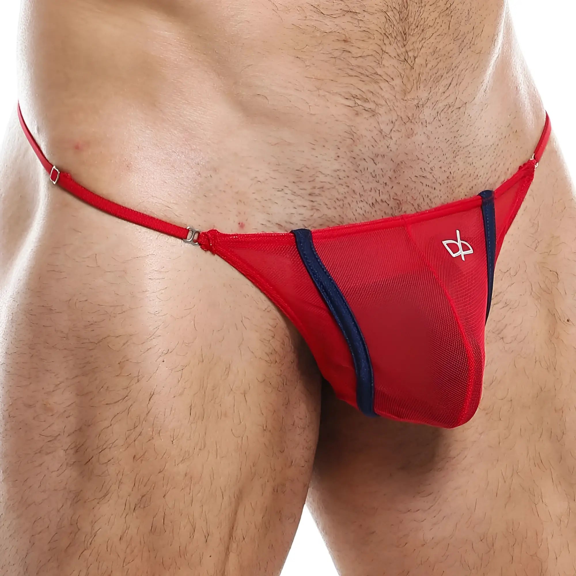 Red mesh thong g-string with navy blue side panels and white logo on front by Daniel Alexander DAL029