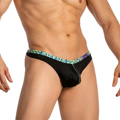 Daniel Alexander DAL053 G-string black briefs with vibrant teal and purple abstract patterned waistband