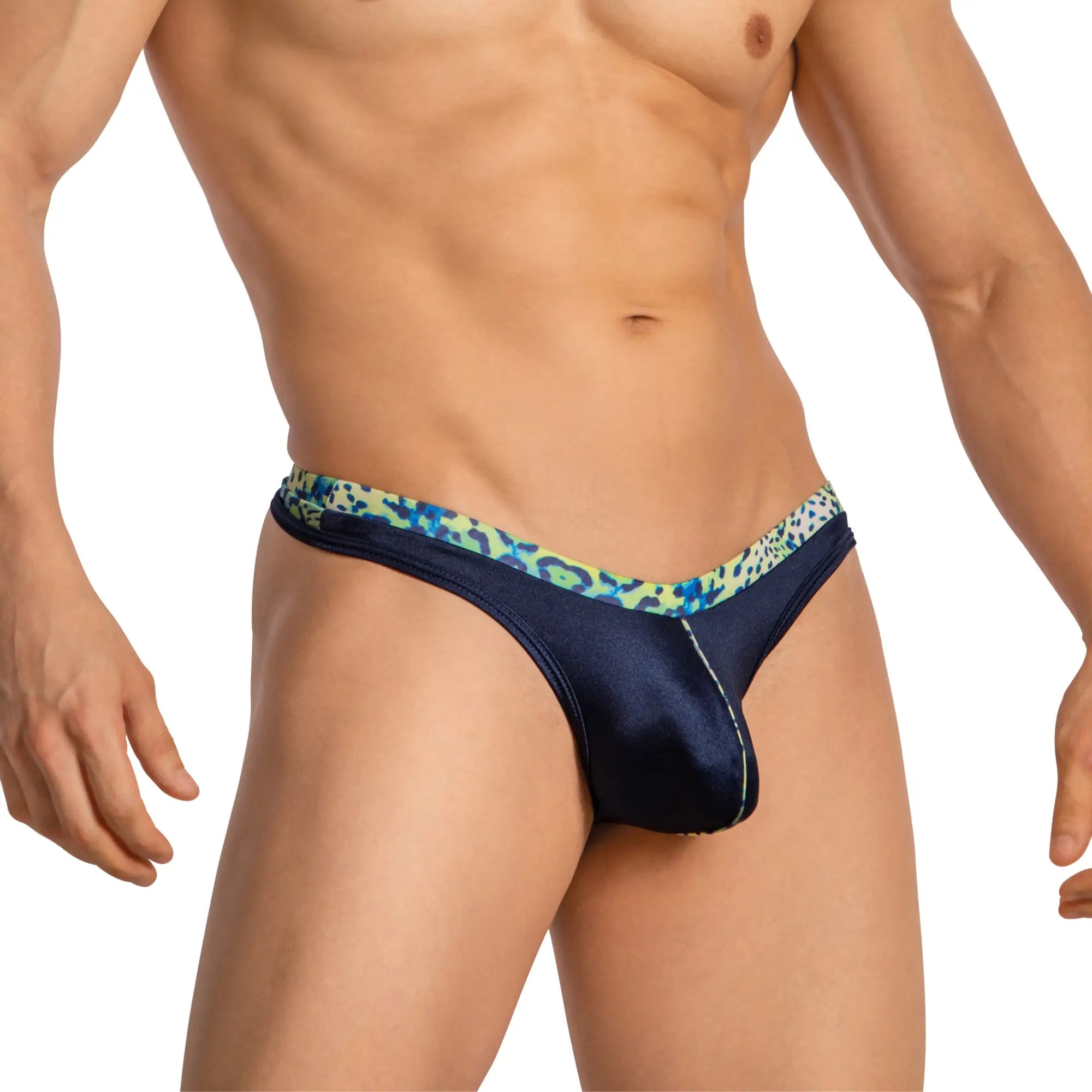 Navy blue satin thong with vibrant green and black leopard print waistband Daniel Alexander DAL053 G-string front view