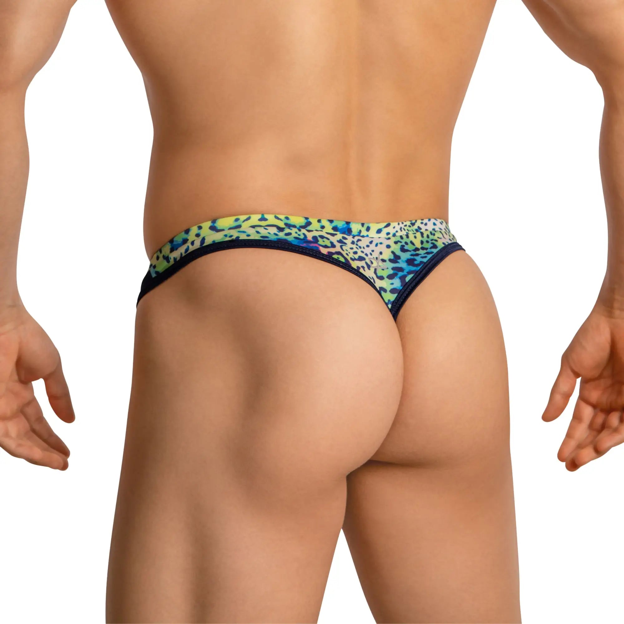 Daniel Alexander DAL053 g-string thong with vibrant green and blue leopard print and black trim front view