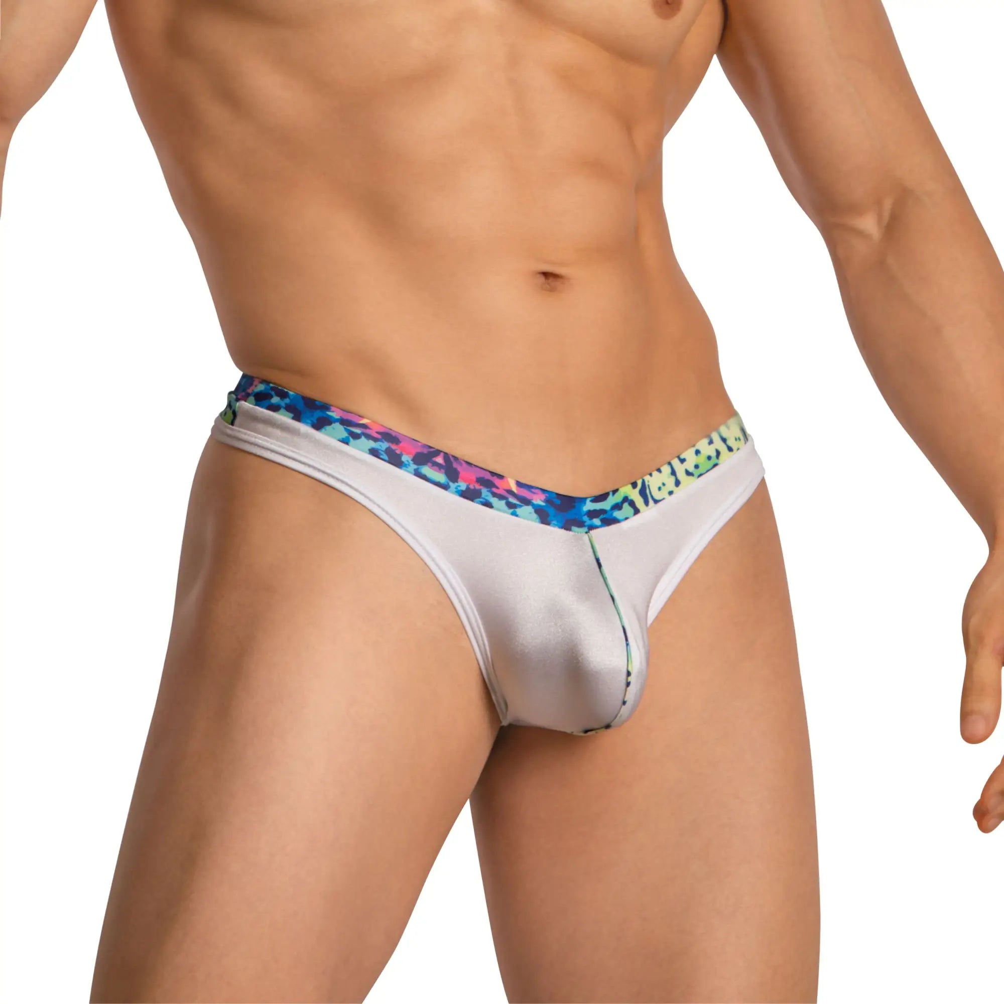 Daniel Alexander DAL053 g-string white satin briefs with vibrant multicolored pink and blue leopard print waistband