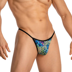 Daniel alexander dal055 g-string vibrant blue and green leopard print thong with black trim shown from the back