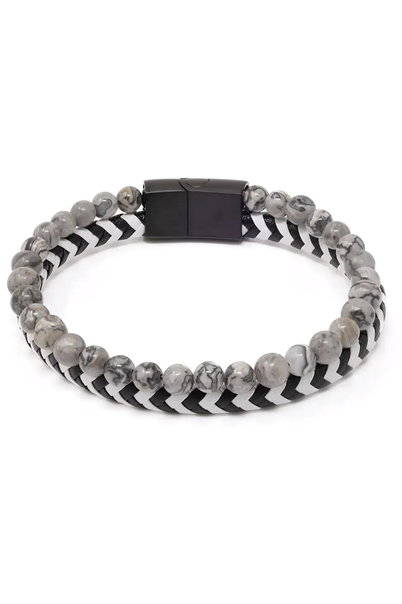 Daper fad bracelet featuring black and gray marbled stone beads woven with black and white chevron cord and magnetic clasp