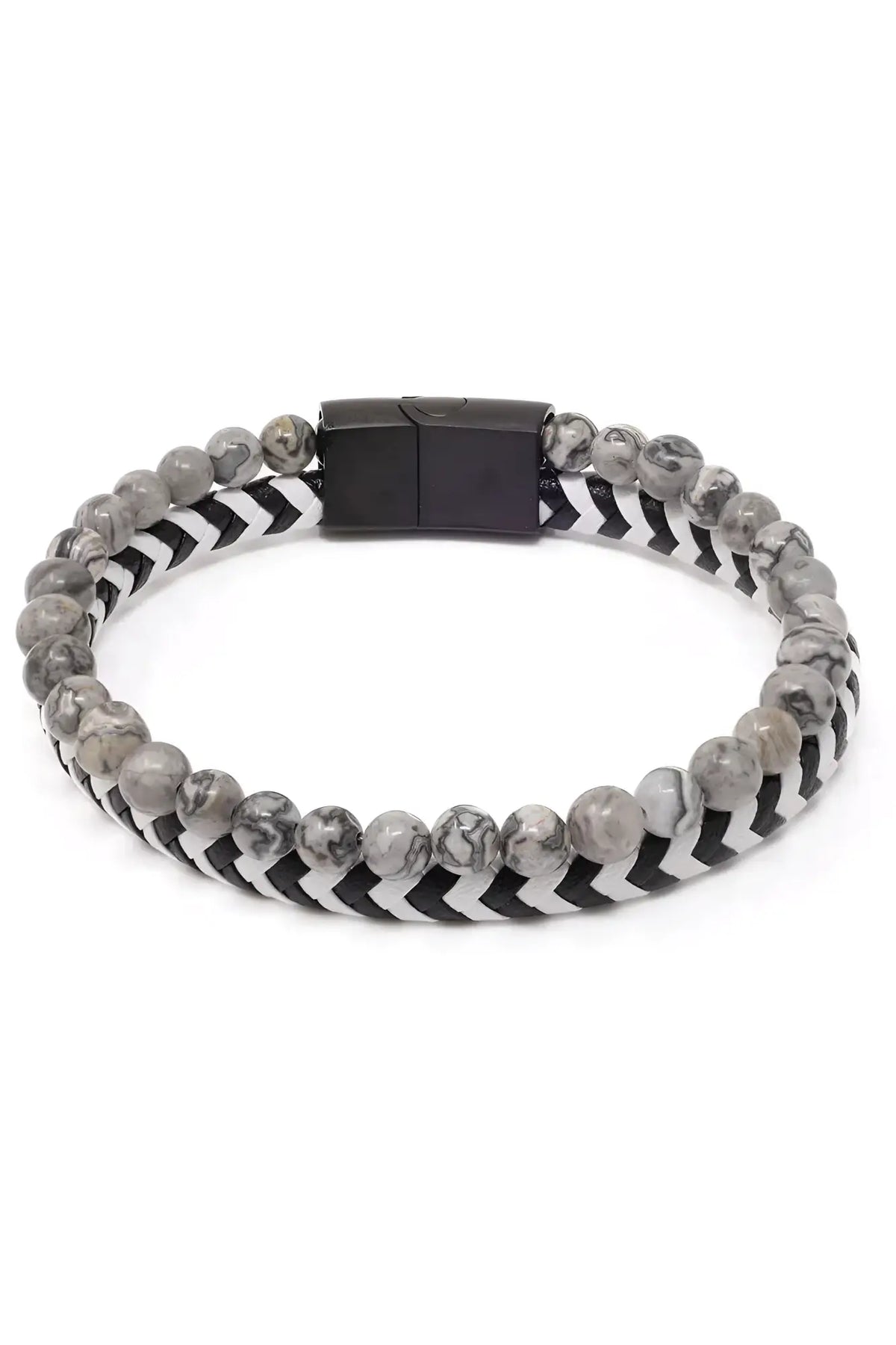 Daper fad bracelet featuring black and gray marbled stone beads woven with black and white chevron cord and magnetic clasp