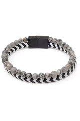 Daper fad bracelet featuring black and gray marbled stone beads woven with black and white chevron cord and magnetic clasp