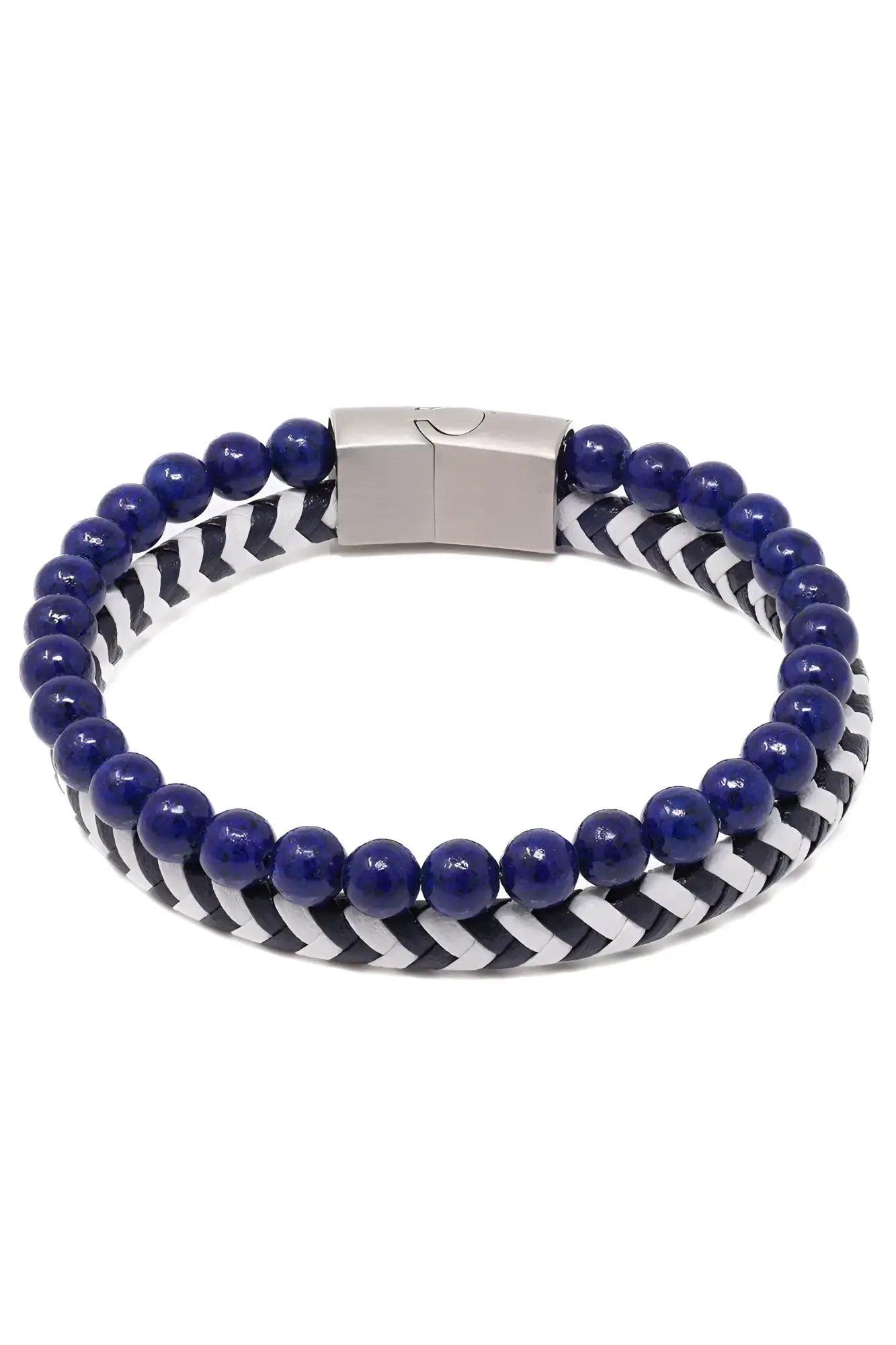 Navy blue beaded daper fad bracelet with black and white chevron woven band and silver rectangular clasp
