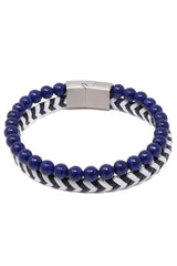 Navy blue beaded daper fad bracelet with black and white chevron woven band and silver rectangular clasp