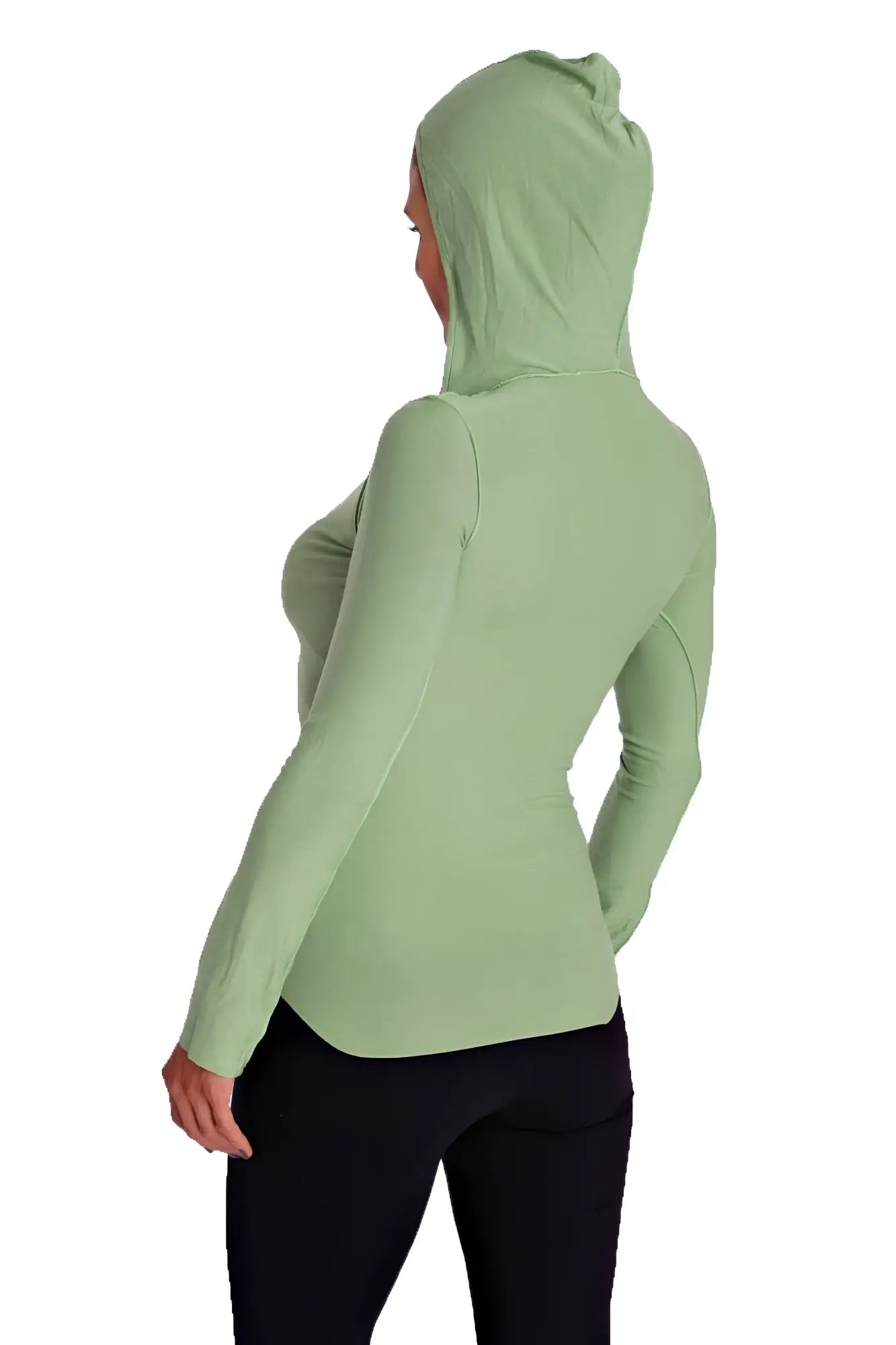 A light green bamboo green deep scoop neck long sleeve hoodie top with fitted silhouette and subtle seam detailing