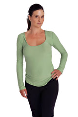 A soft bamboo green long sleeve hoodie top with a deep scoop neck and subtle side ruching